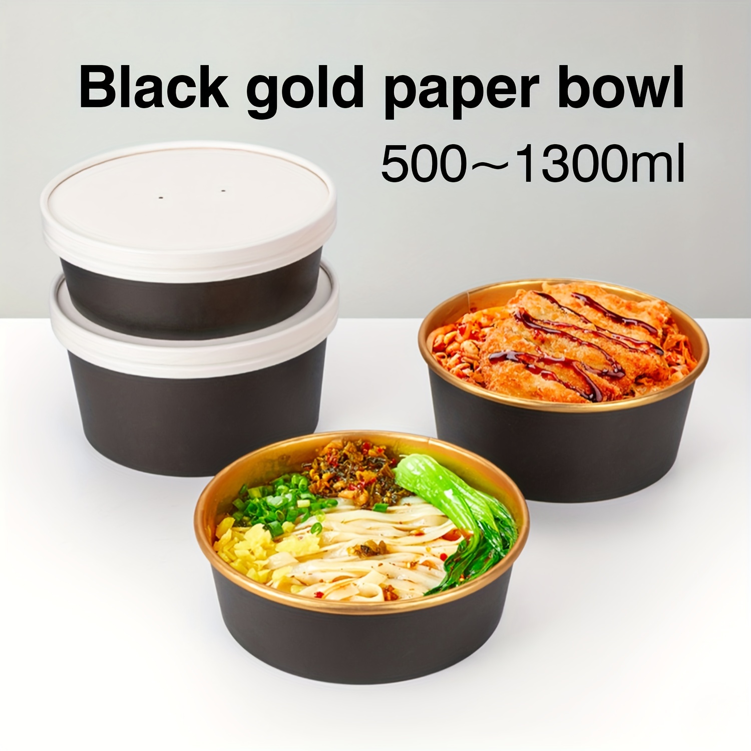 

50pcs Disposable Paper Bowls, Thickened Black Golden Paper Lunch Box, Takeout Round Box, Lunch Box, Cover, Party Party, Dim Sum, Snack Box, Salad Box, Food Packaging Supplies