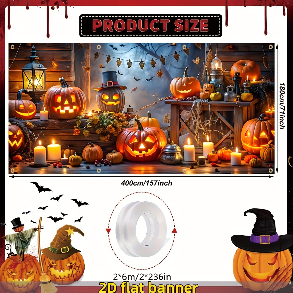 Image of 2d Flat Banner, 1pc, Halloween Garage Banner, Cute Pumpkin Lantern Background For A Happy Party, Large Outdoor Garage Festival Decoration Shooting Prop, 157*71 Inches Halloween&christmas