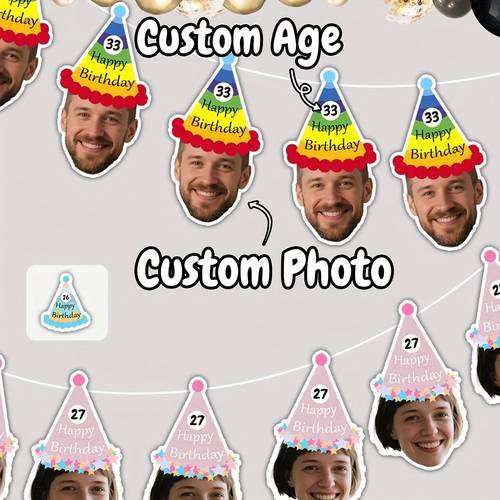 6 12pcs custom photo and age birthday decoration personalized birthday hat decoration customized happy birthday banner customizable pictures banner pull flag friends living room