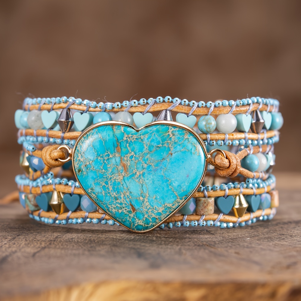 

Bohemian Style Turquoise Heart Handcrafted Beaded Triple-layer Wrap Bracelet For Women, Vacation Accessory