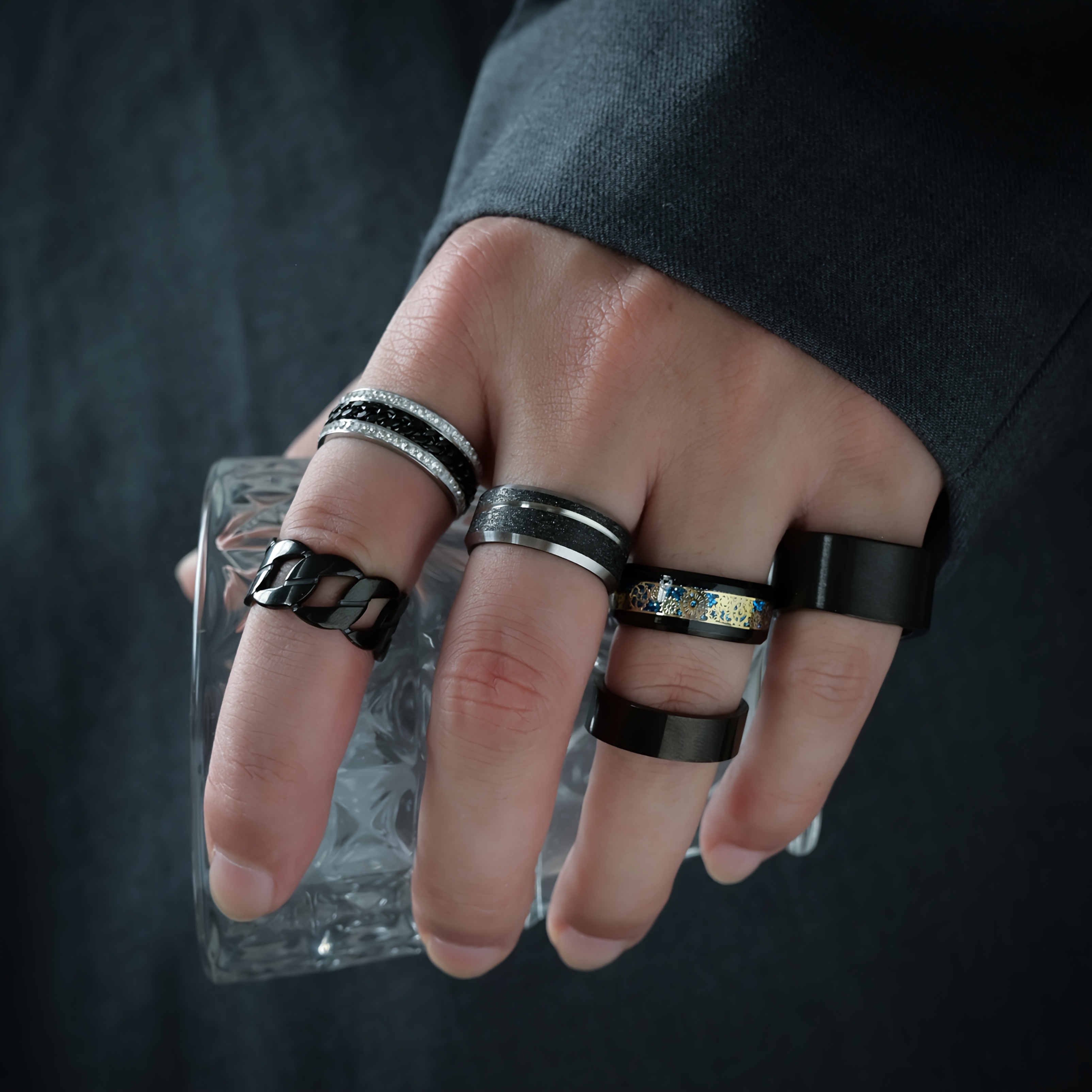 6pcs mens stainless steel black ring set durable rotating golden   simple yet elegant cool   6pcs set ideal fashion accessory Product details 4