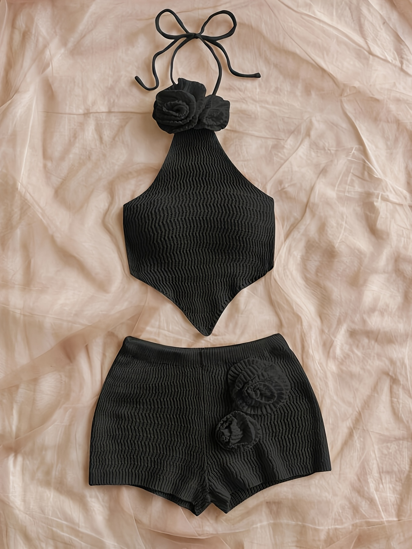 handmade 3d floral halter neck vest with   scarf   backless belly band   short shorts     fabric two piece set summer   Product details 2