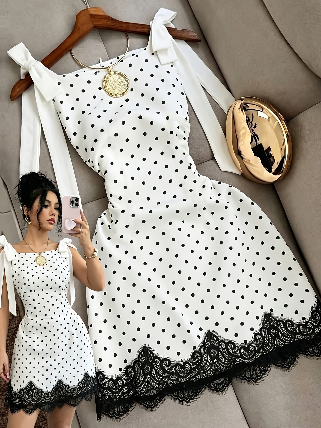 white mini dress black bow 2026 Summer New French Square Neck Strap Women'S And Polka Dot Lace Fitted Short Skirt Beach Vacation * Sizes:Made-to-Order L (UK 12) Fully lined Naz femme-fatal-report