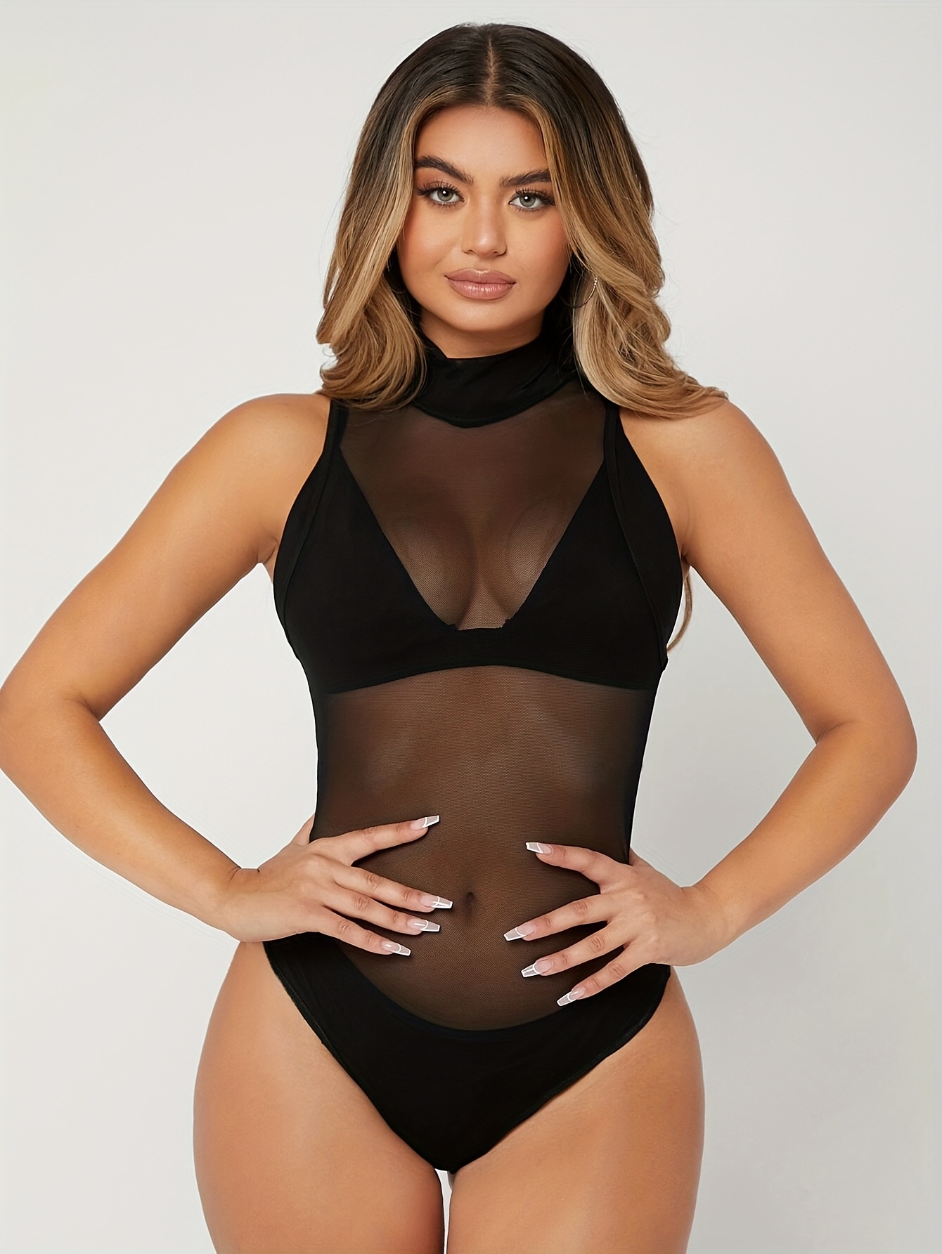 Elegant High-Neck Black Mesh Swimsuit - Stylish, Solid Color, Summer Swimwear for Women, Swimwear|Elegant Swimsuit|Mesh Fabric
