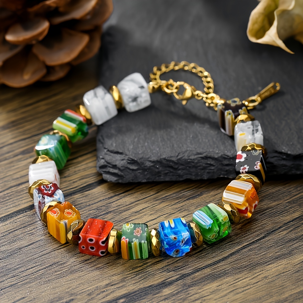 

Handmade Glass Bead Bracelet With Floral Patterns - Jewelry Accessory For Women And Men, Ideal For Parties, Birthdays, And Thanksgiving Gifts