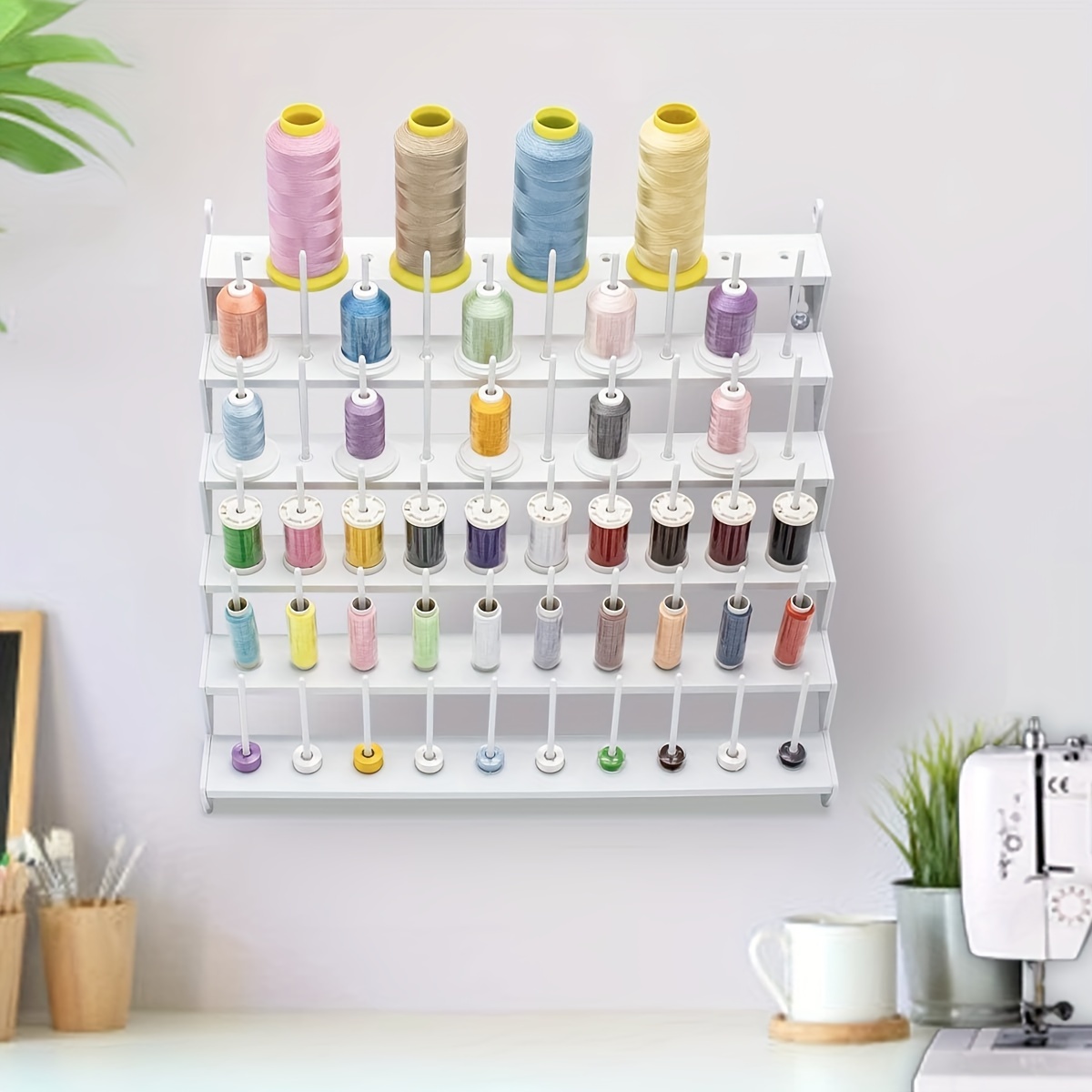 

Wall-mounted 60-spool Thread Organizer With Bobbin Storage - Plastic, Ideal For Sewing & Knitting Supplies