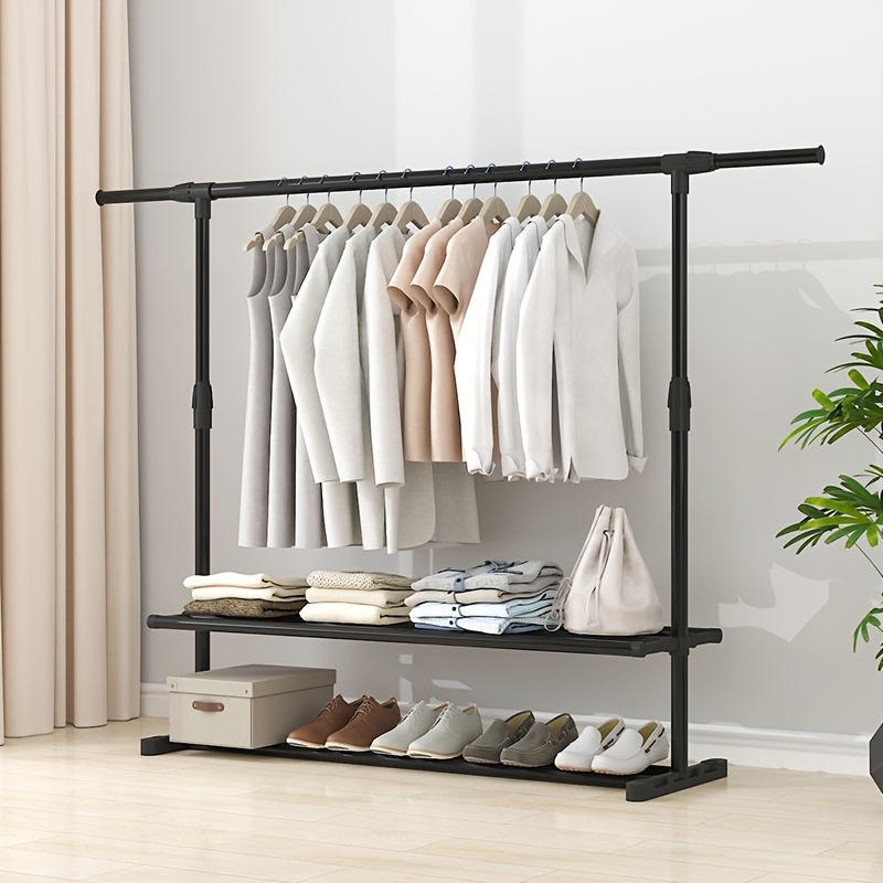 

1pc Portable Iron Clothes Rack, Free-standing Garment Hanger With Shelf For Bedroom, Dorm, And Retail Use