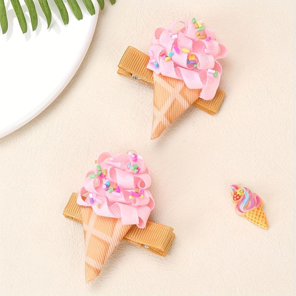 

2pcs Cute Ice Cream Hair Clips For Girls - Ribbon Barrettes, Accessory & Gift