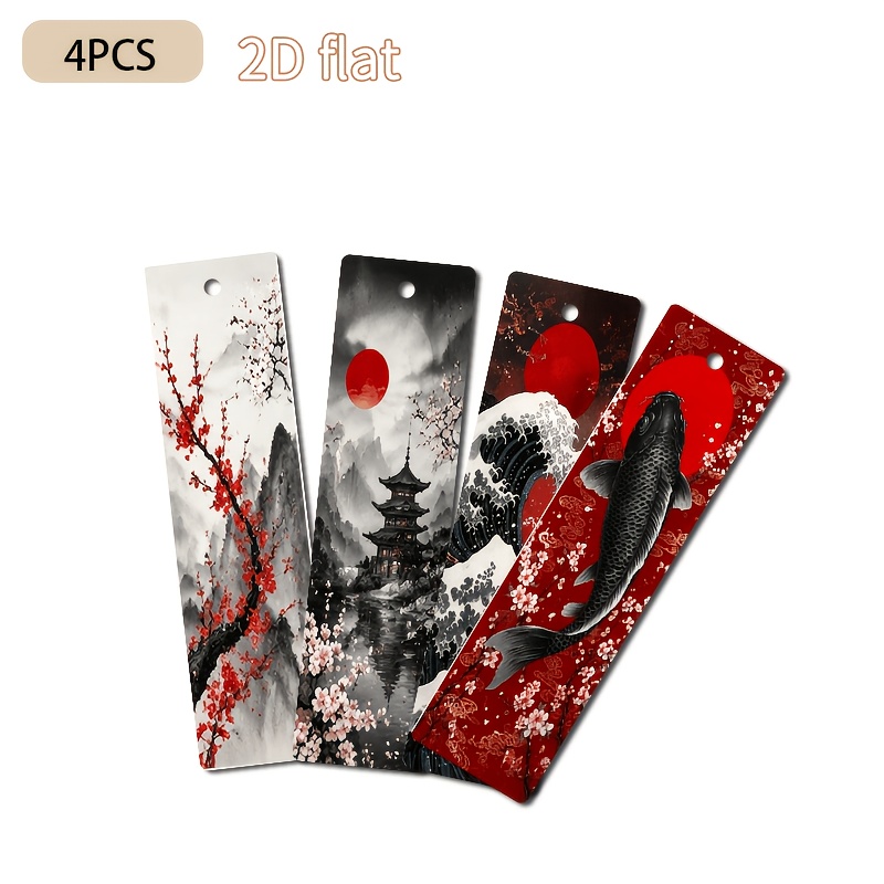 TEMU 4pcs Pu Leather 2d Printed Bookmarks, Size 1.6in*5.9in, Japanese Ink Wash Style , Koi Fish, Mountain, Sea, Pagoda, -e Illustration, Page