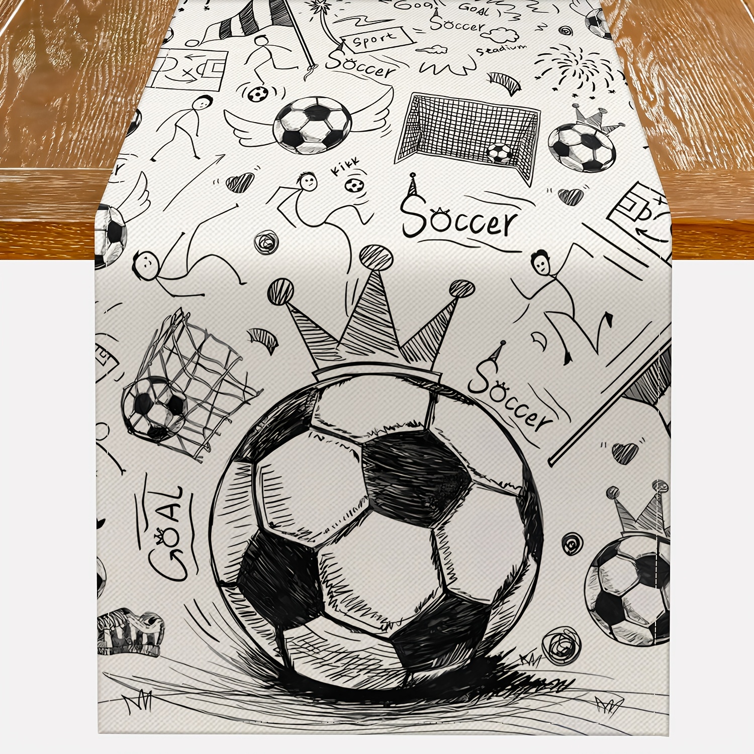 TEMU Chemin de table de football style Dokriy, 1 pièce, décoration de table avec imprimé gribouillage de couronne de trophée de football pour fan de