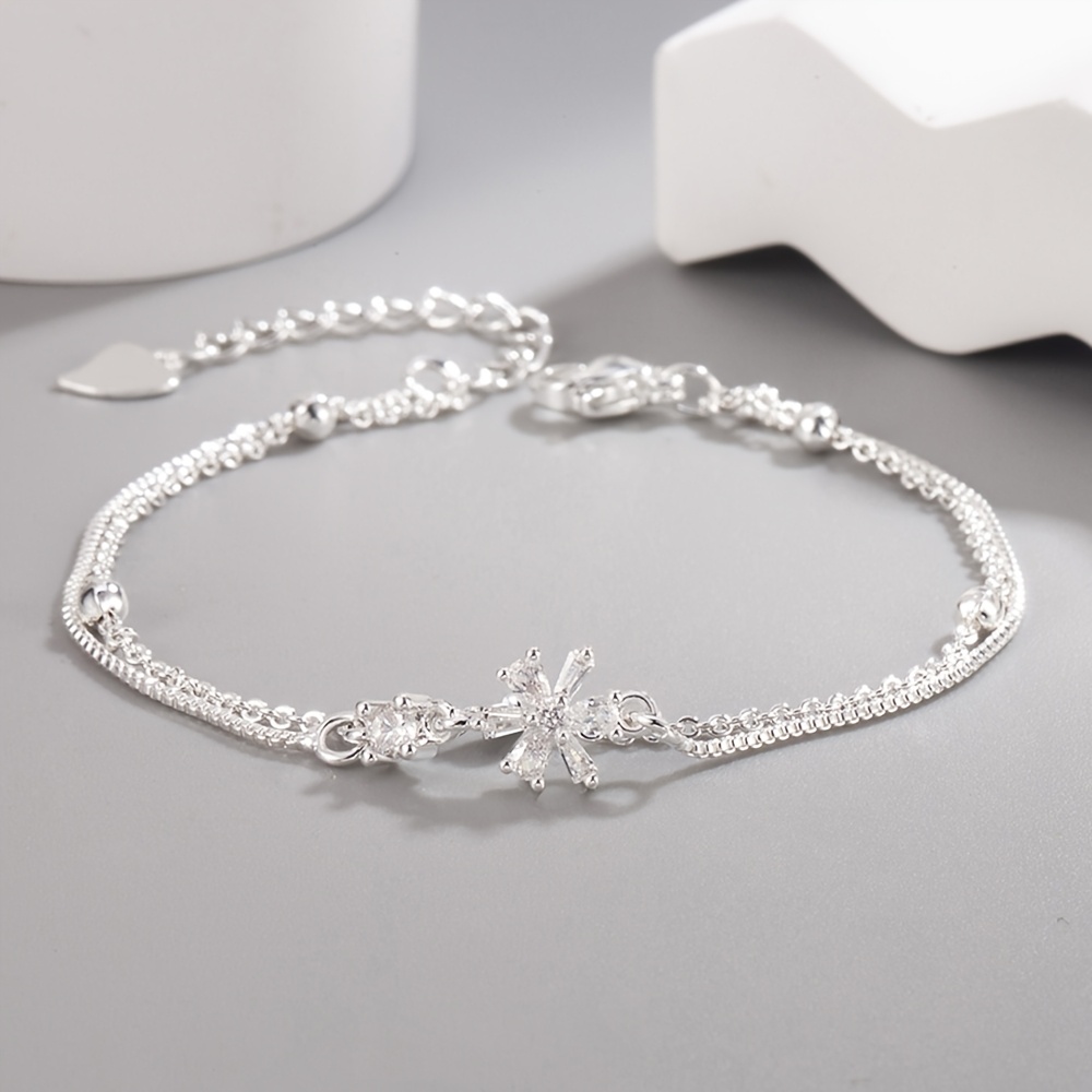 TEMU Bracelet Élégant en Argent Plaqué 925 à Double Couche - et Perles Synthétiques Scintillantes, Idéal pour Tenue Décontractée ou Occasions