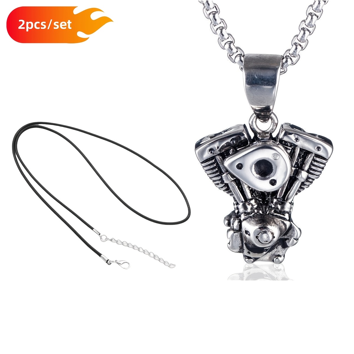 TEMU 2pcs Retro Motorcycle Engine Pendant Necklace & Black Necklace Jewelry Set, Combined To Wear, For Men Women Unisex Stainless Steel Chain No