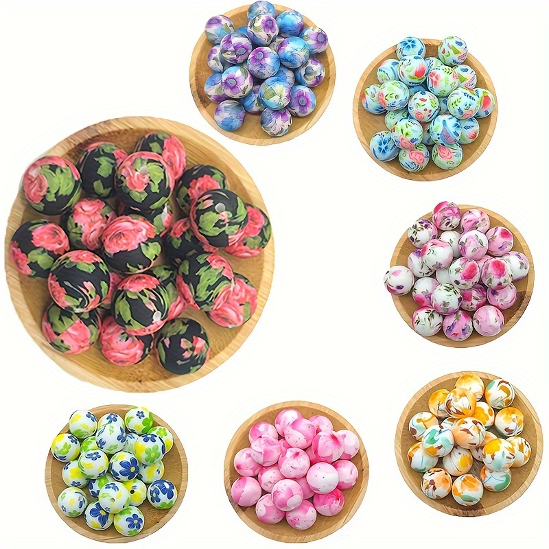 

15mm Silicone Beads Set, 10/15pcs - Printed Flower Designs, Loose Crafting Beads For Diy Jewelry, Necklaces, Bracelets, Keychains, Beaded Pens - Versatile Handcraft Accessories