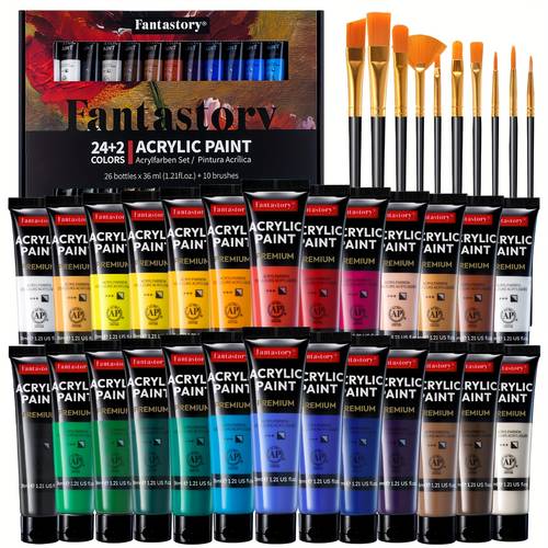item picture 26pcs professional acrylic paint set with 9 brushes brushes suitable for outdoor use quick drying washable liquid paint tubes high pigment concentrated colors for canvas for art supplies