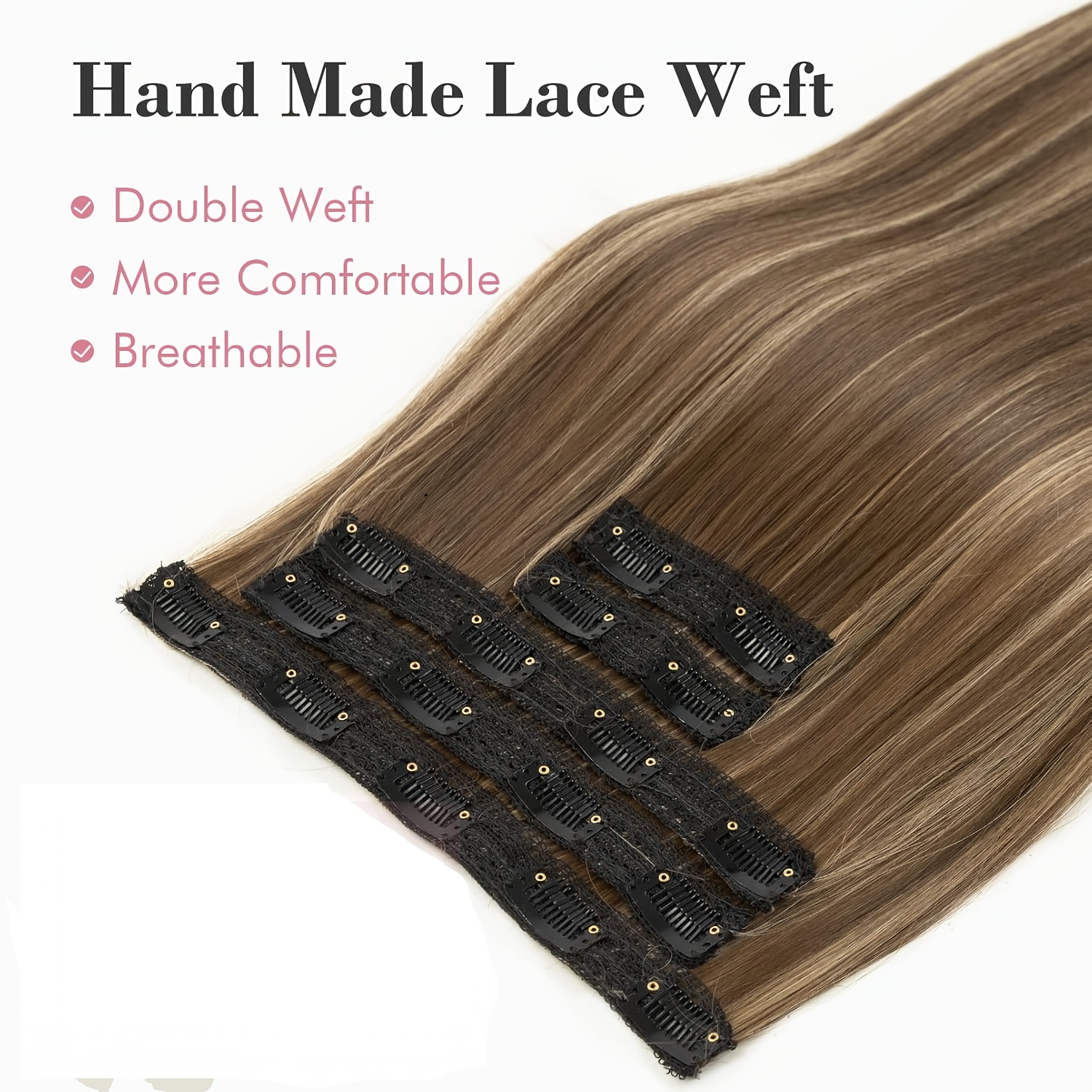 clip in hair extensions, hair extensions thick long lace weft lightweight synthetic hairpieces for women (60.96 cm-240 gram(pack of 5), chocolate brown with golden blonde highlights) details 0