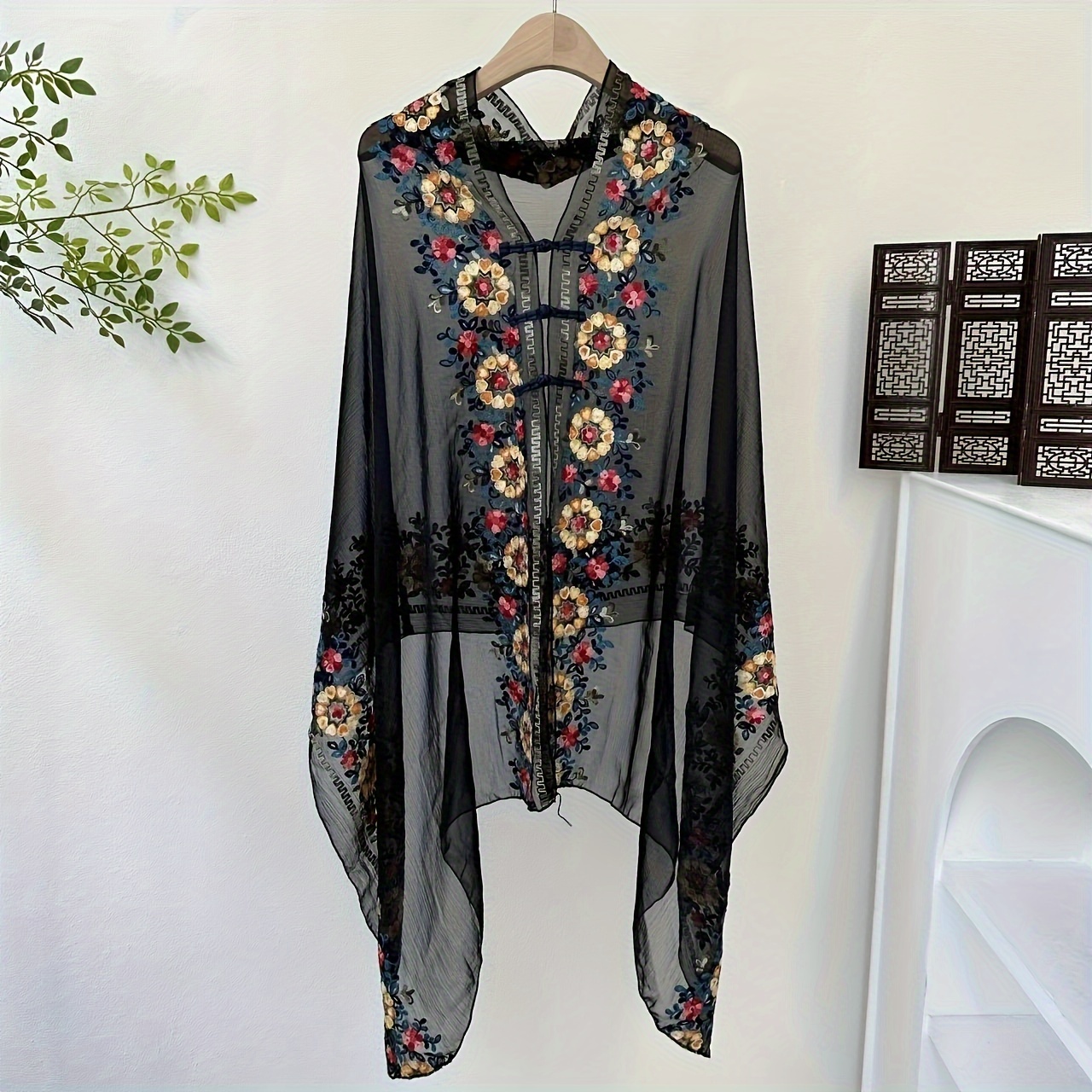 TEMU Elegant Women'-inspired Embroidered Shawl - Breathable, Sun-protective Beach Wrap With Pearl Accents