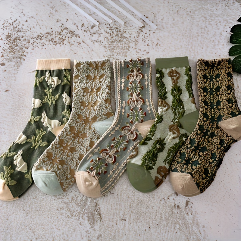 5 Pairs Floral Print Socks, Comfy & Breathable Mid Tube Socks, Women's Stockings & Hosiery