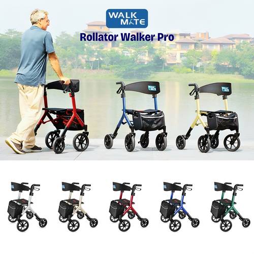 rollator for seniors 5 3 7ft tall height adjustable seat built in cable 10 inch wheels 16 lightweight and compact folding design 300 lb capacity blue