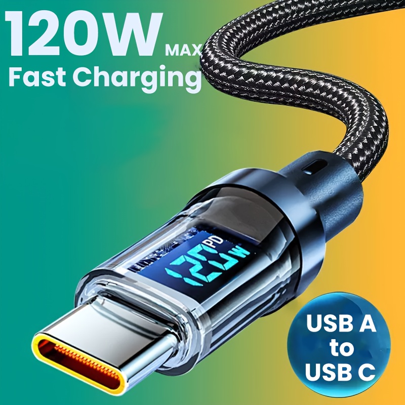 Ultra Durable 6A 120W MAX Fast Charging Cable with Real-Time Digital Display, USB A to USB C Charger Cord, Quick Charge Support for iPhone, Android, Samsung and More C Ports Devices.