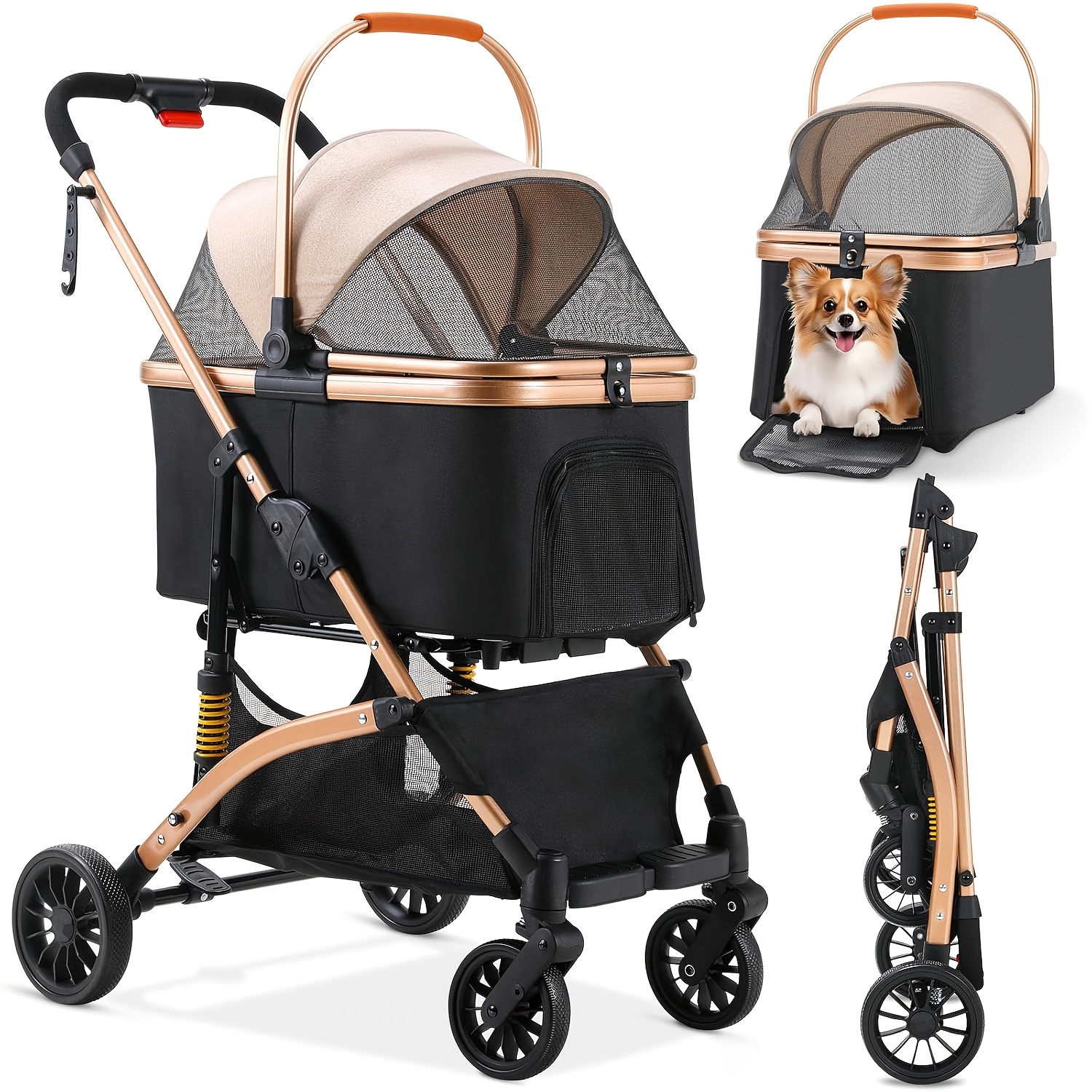 TEMU 3-in-1 Dog Stroller, Dog Crate, Carrier Bag, Foldable Cat Stroller, 4 360Â° Wear-resistant Rubber Wheels, Storage Basket, Drink Holder, Up To
