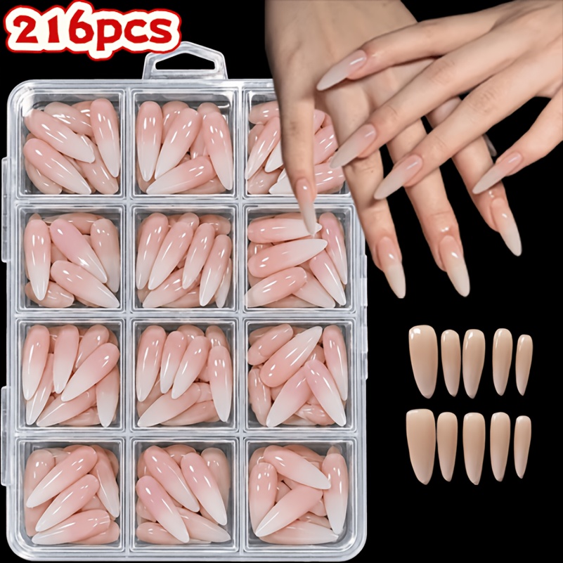 TEMU 216pcs Nude White Gradient Long Almond Press-on Nails, French Gel Nail Tips, In 12 Sizes, Perfect For Women's Gatherings, Dancing & Occasions