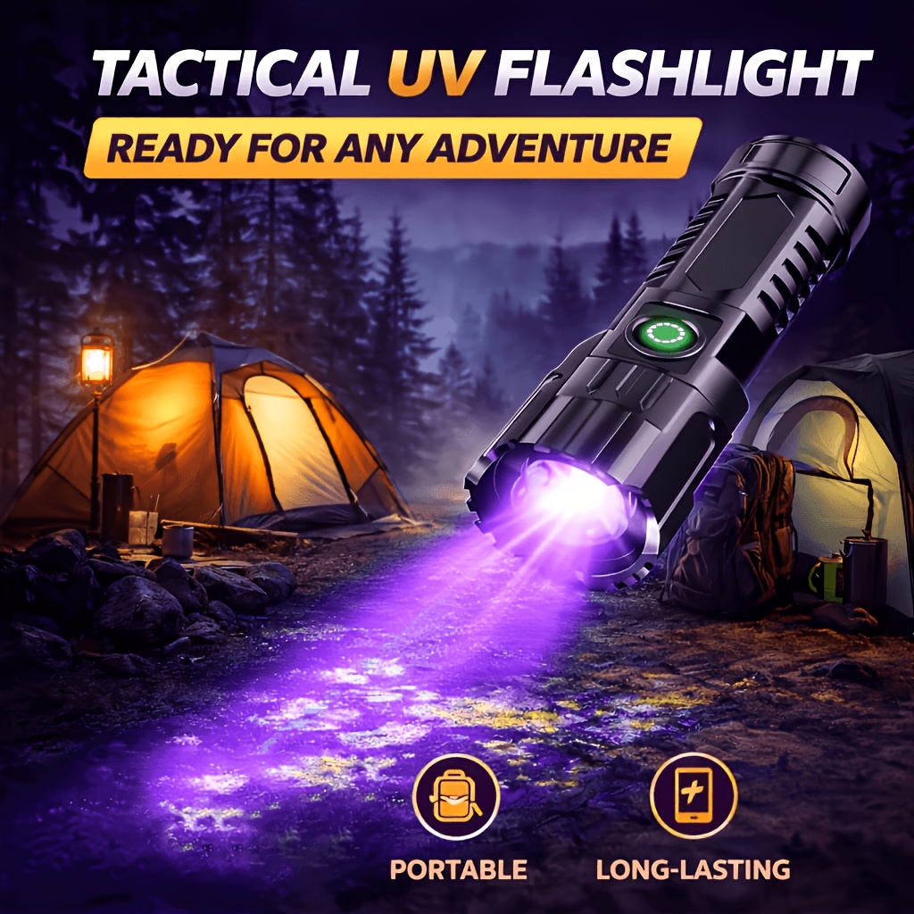 TEMU Rechargeable 395nm Uv Tactical Flashlight, Portable Black Light Flashlight, Used For Pet Urine Testing, Camping, And Outdoor Exploration (1/2