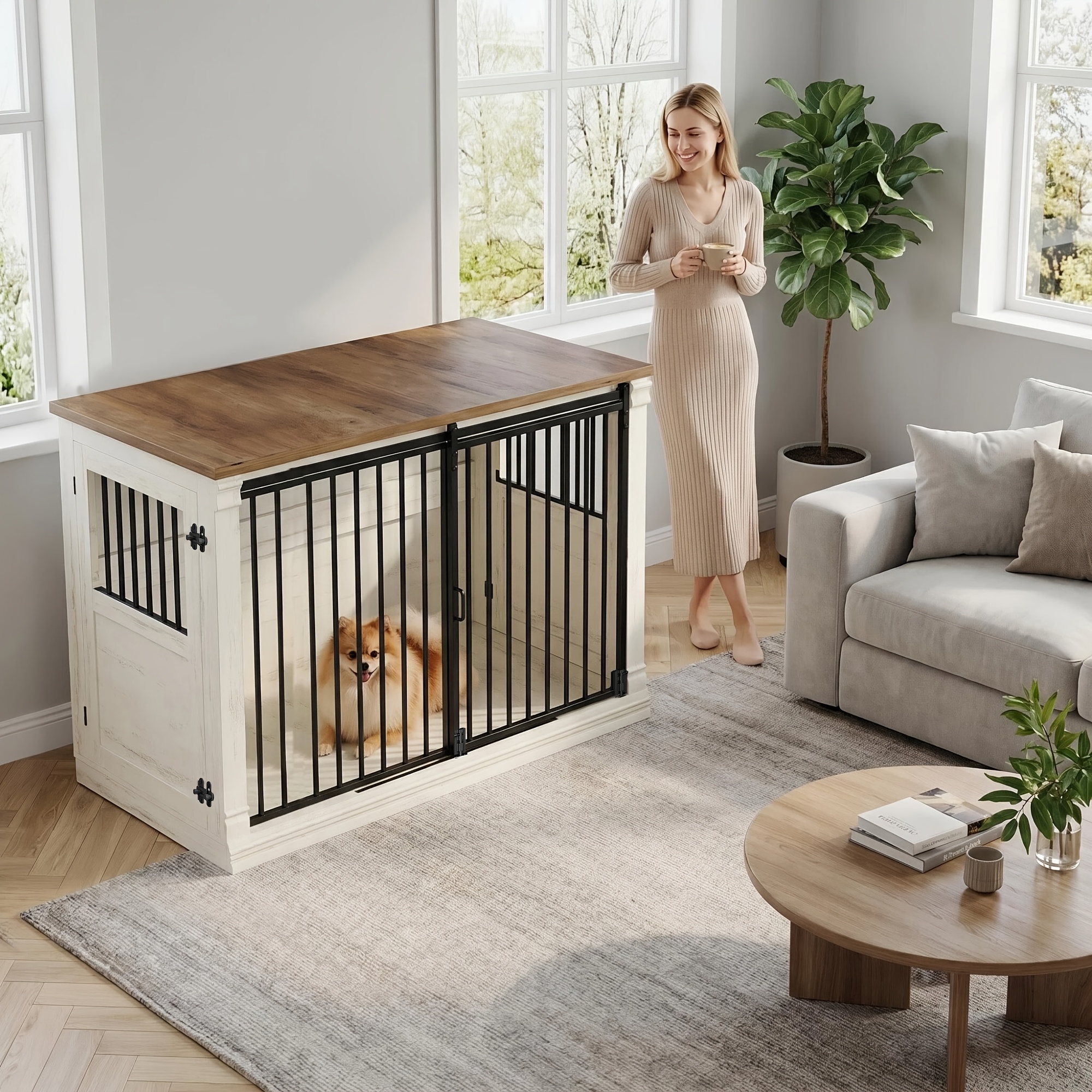 Furniture-style Dog Crate, Suitable For All Dogs, Escape-proof Design, Practical Three-door Opening, Reinforced Enclosed Base, Easy To Assemble Without Tools, Can Be Used As A Side Table