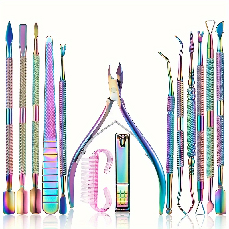 

14pcs Stainless Steel Cuticle Pusher And Nail File Set - Manicure And Pedicure Care, Uv Gel Polish Removal, And Groove Cleaning