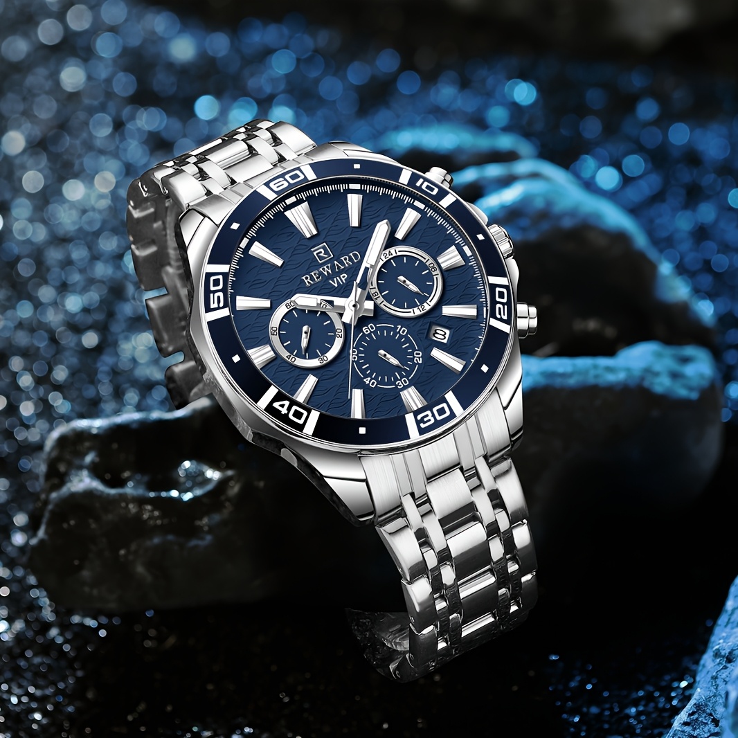 reward vip mens quartz wristwatch   with sequins round   alloy case stainless steel strap chronograph date 24 hours display luminous battery powered non rechargeable   watch details 4