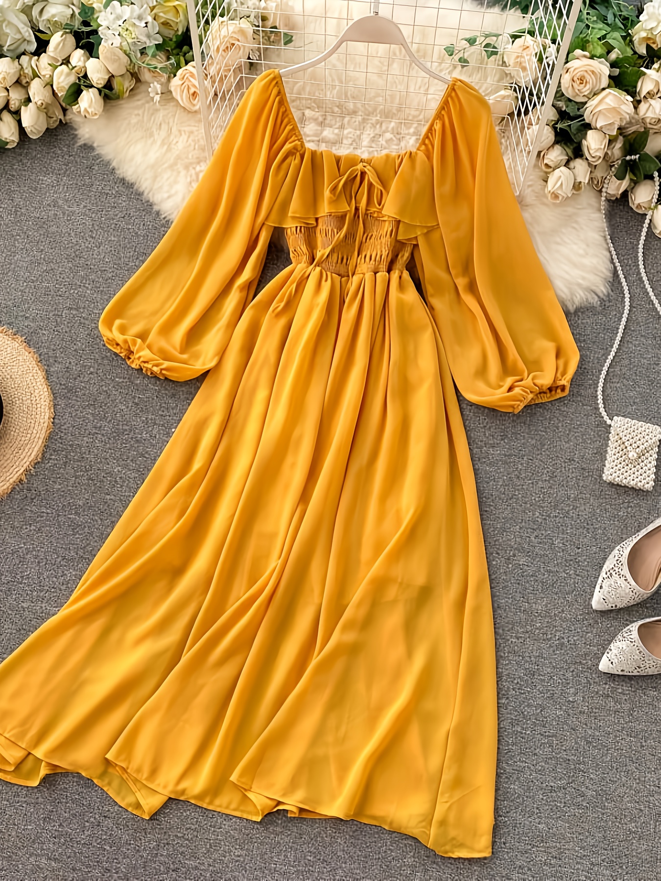 Yellow Chiffon Fabric Mustard Chiffon Maxi Dress Elegant Mustard