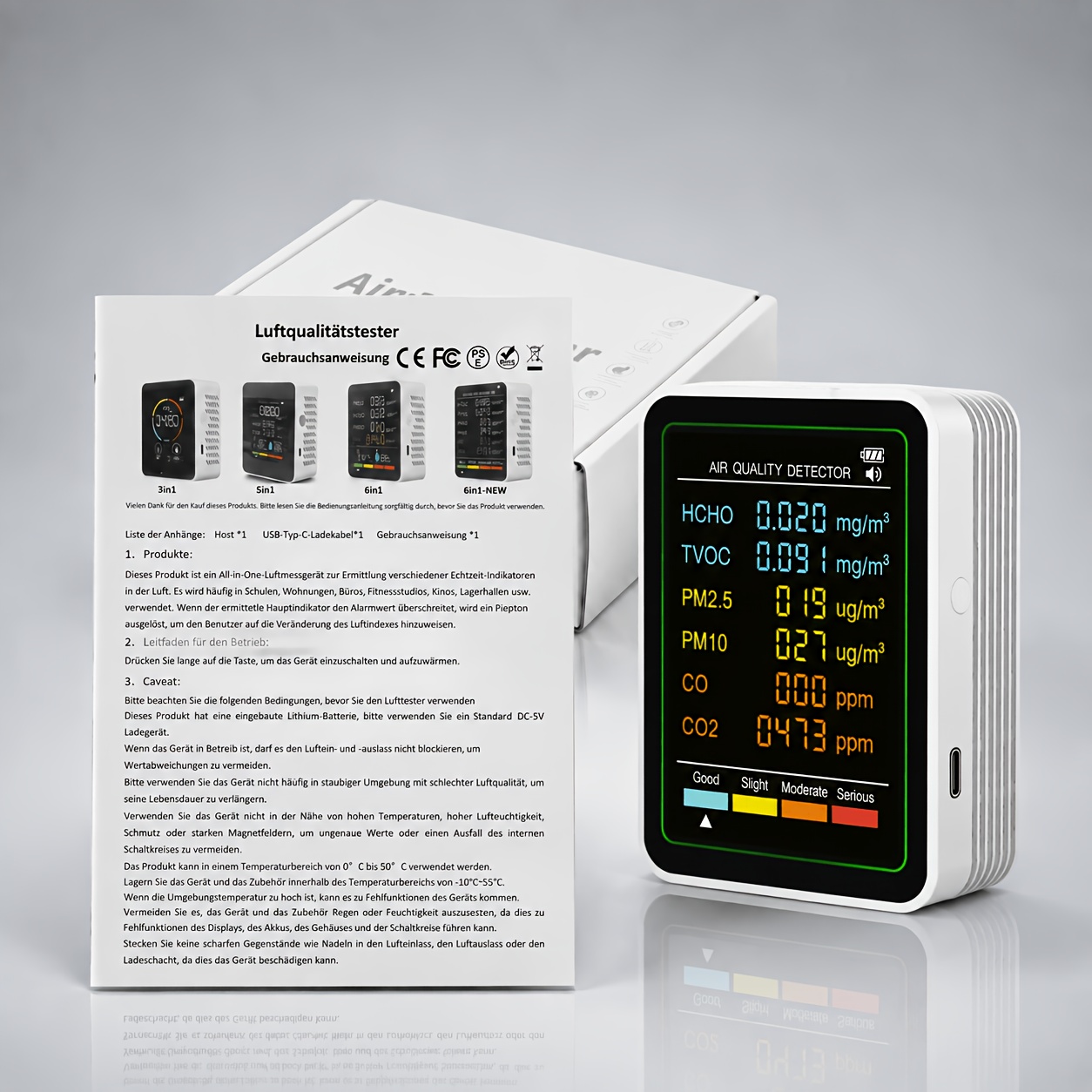 TEMU 1 Set 6-in-1 Portable Air Quality Monitor And Usb Data Cable, Measuring Air Multifunctional Real-time Monitoring Of Co/co2/tvoc/hcho//,