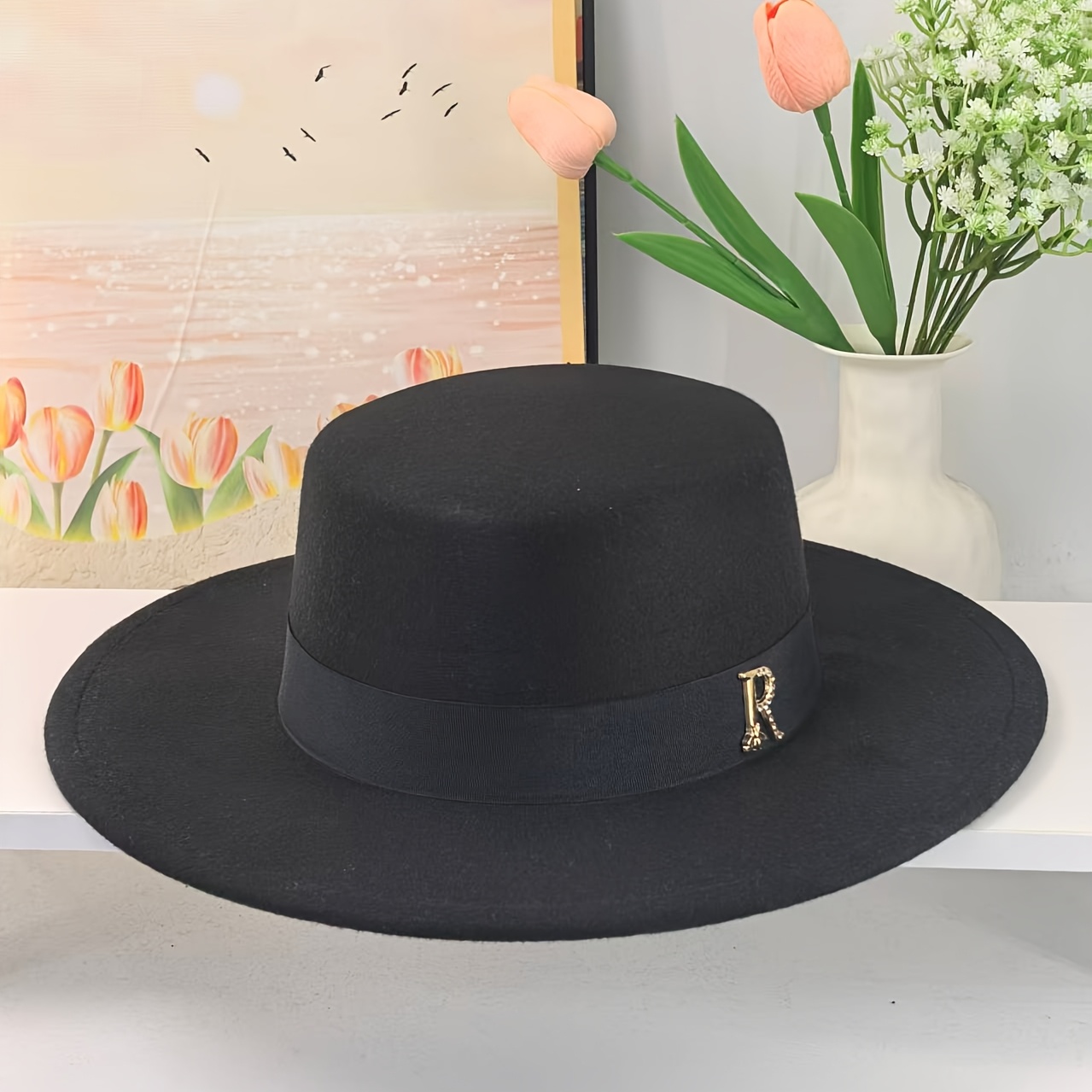 TEMU Chapeau à ruban tissé tendance, Chapeau à bord plat, Chapeau en feutre habillé, Jeu, Vacances, Loisirs, Pêche, Assister aux et autres activités,
