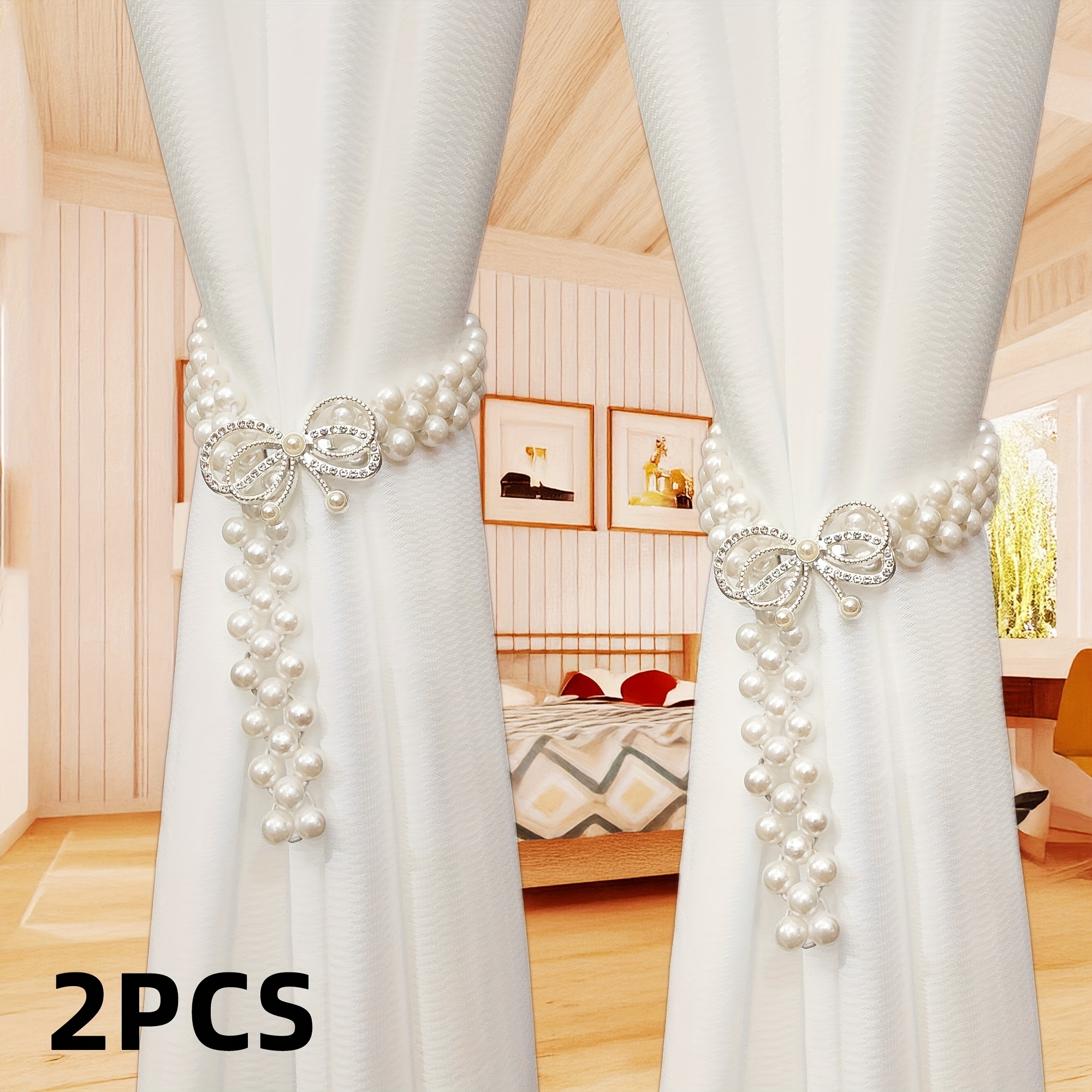 TEMU 2pcs Beautiful And Versatile Double-layer Rhinestone Bow Curtain Tiebacks With Elastic Stretchable Adjustable Straps, Light Luxury Decorative