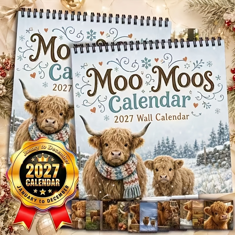 TEMU 2027 Highland Cow Calendar, 12-month Wall Calendar, Double-ring Spiral Bound, 8.3 X 8.3 Inches Square, Large Size With Writing Area, Includes Us