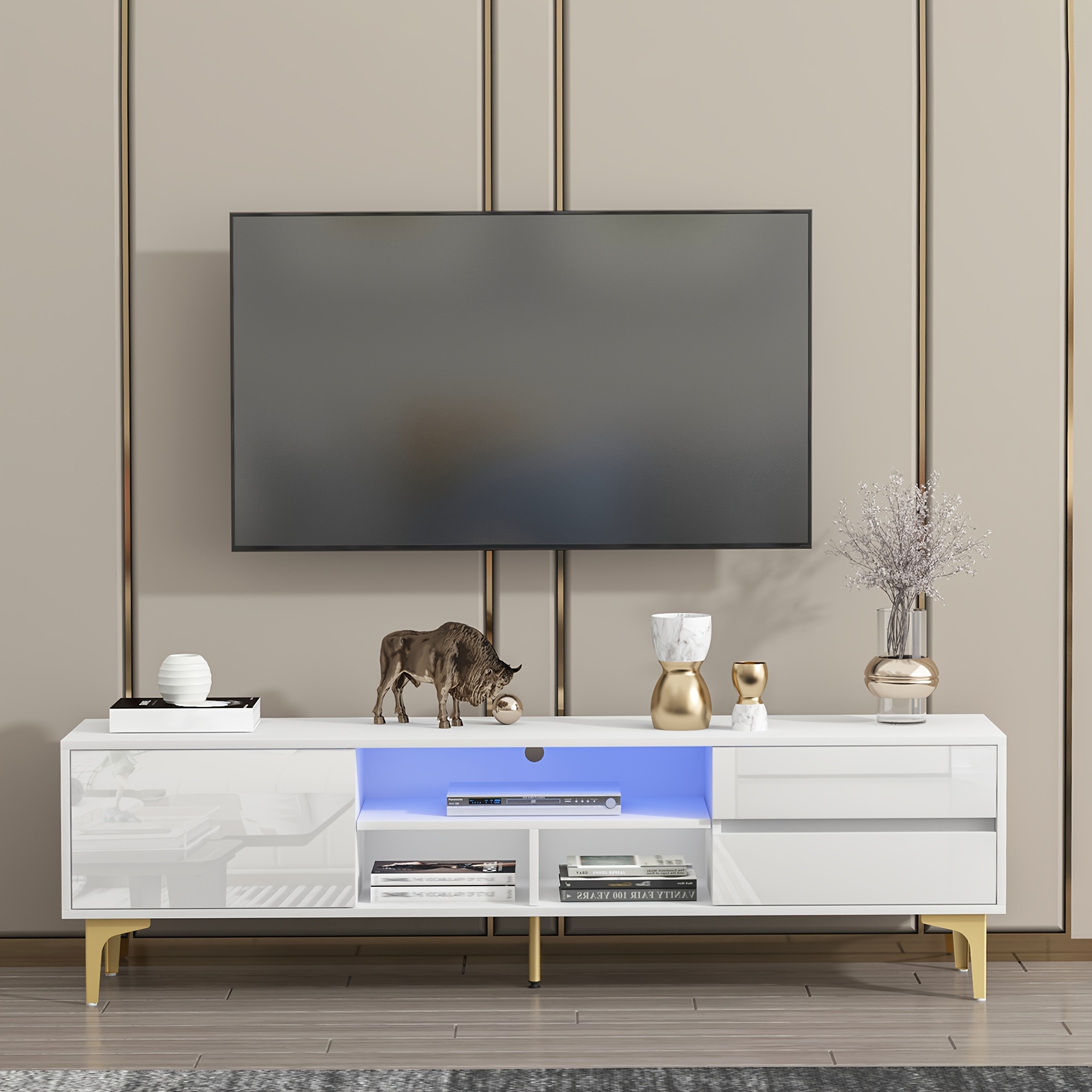 

Tv Stand, Tv Cabinet, Entertainment Center, , Media Console, With Led Remote Control Lights, Uv Bloom Drawer Panel, Golden , In , Bedroom, Color: White