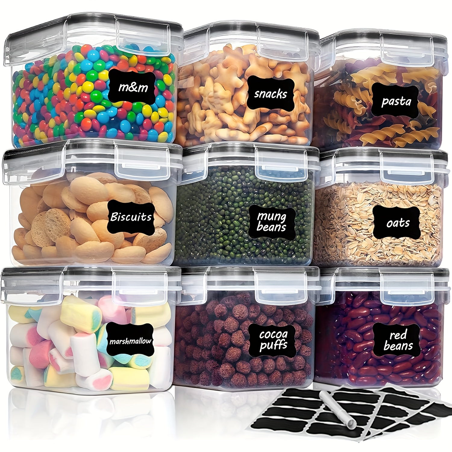 Image of Thelife 9pcs Storage Containers 0.8 L, For Cereal And Fresh Food, Plastic, Airtight, Dry Food Container, 24 Labels For Cereal, Flour, Sugar, Etc. (black)