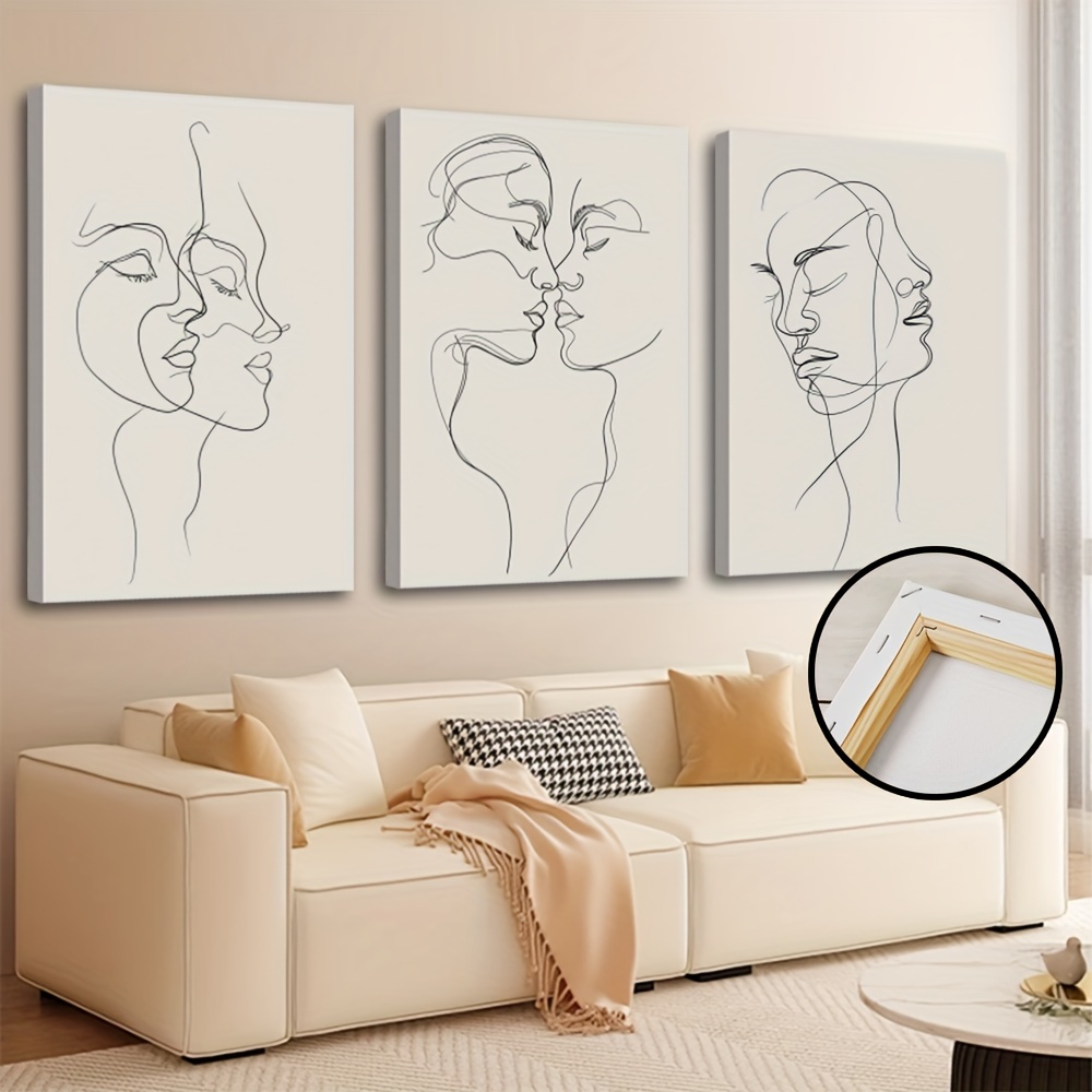 

3pcs Wood Inner Framed Canvas Poster, Abstract Line Face Painting, Canvas Wall Art, Artwork Wall Painting For Gift, Bedroom, Office, Living Room, Cafe, Bar, Wall Decor, Home And Dormitory Decoration