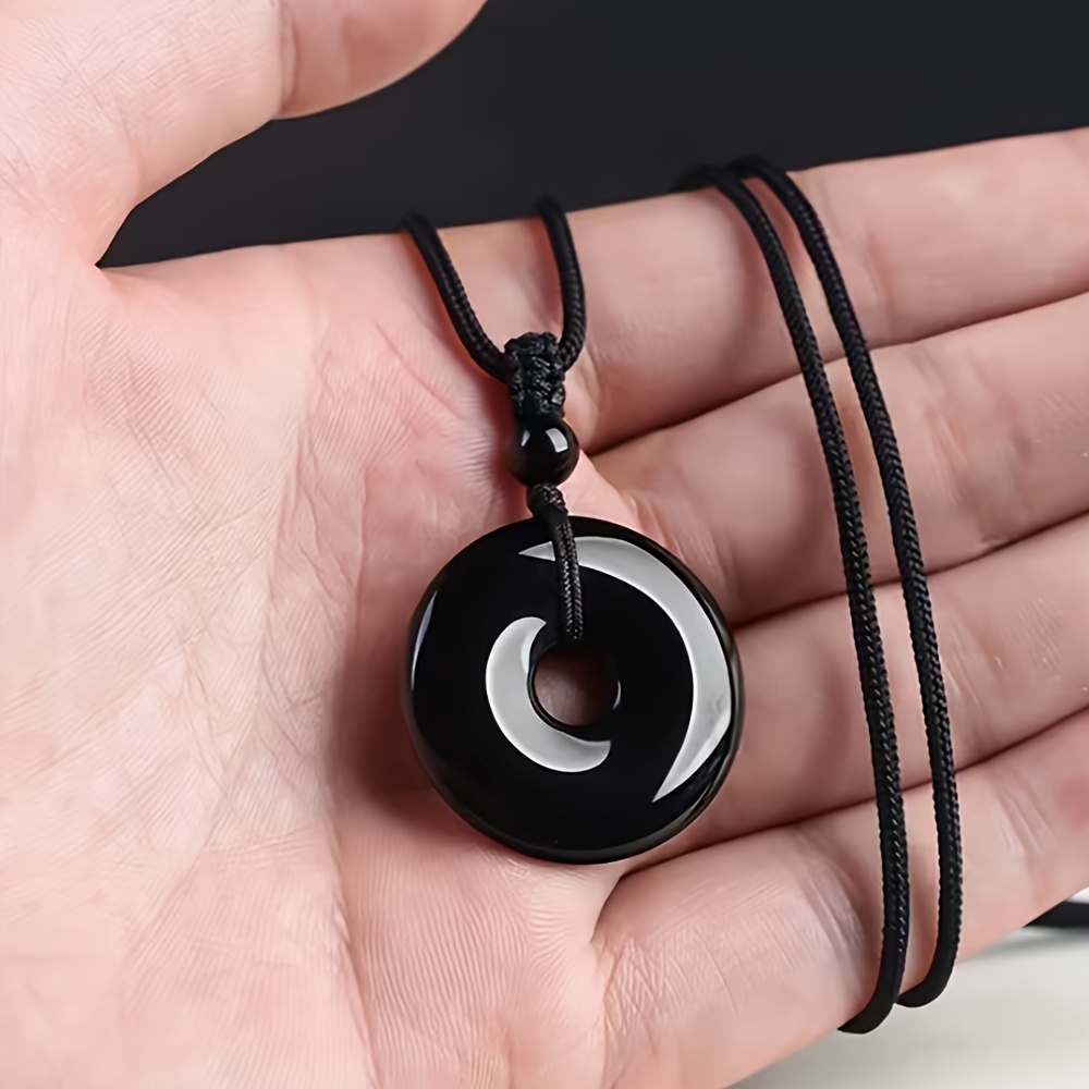 TEMU 【商品名】ク ル ブラック オブシディアン ペンダント ネックレス、手磨きで滑らかで輝くストーン、編み込みコード付き、男女兼用のデイエリー、デー、父の日、母の日のギフトに最適、ペンダントネックレス、スピリチュアルアイテム