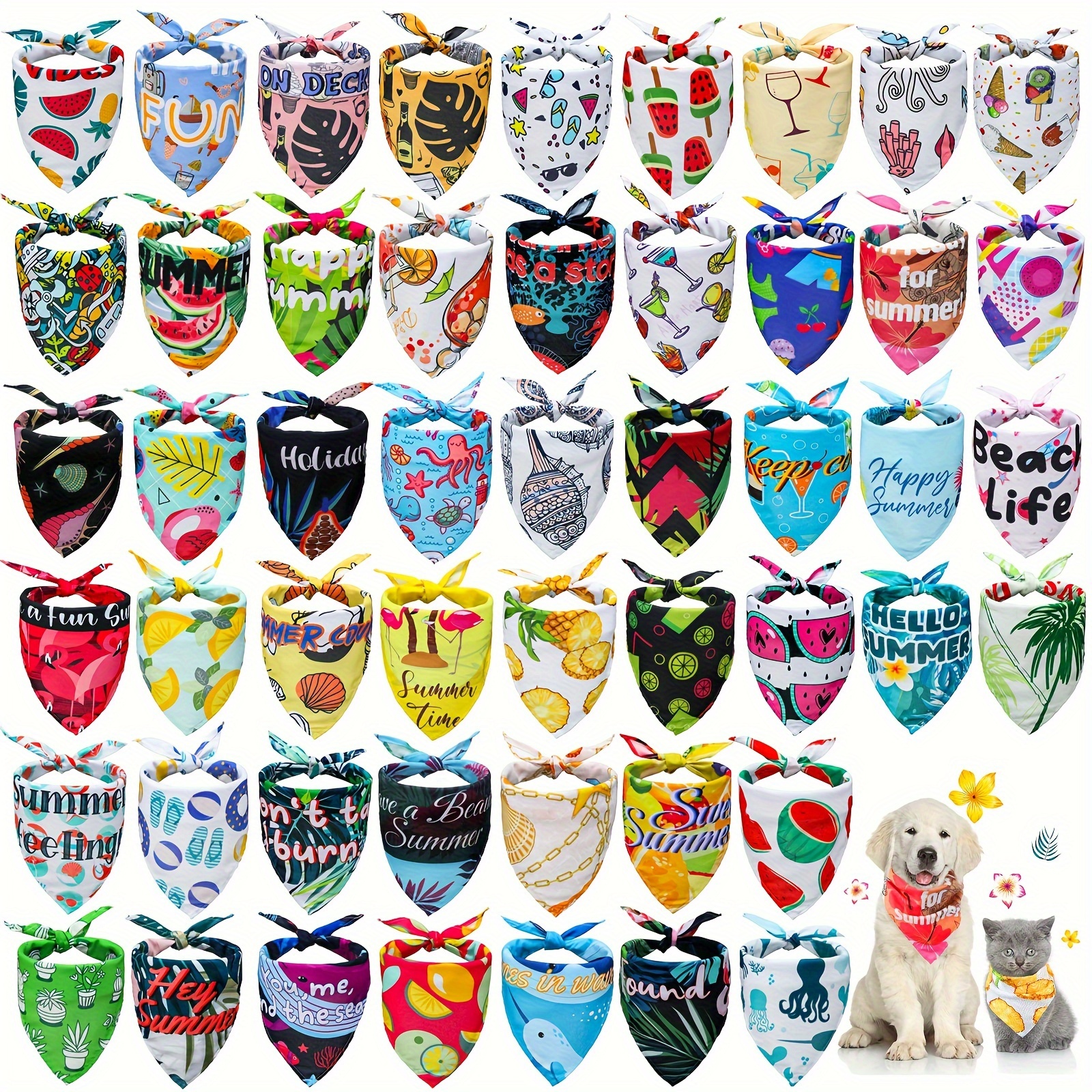 TEMU 50 Pcs Dog Summer Bandanas Bulk Hawaiian Dog Bandanas Triangle Scarf Puppy Bibs Seasonal Pet Costume Adjustable Cat Dog Outfit Washable For Small Medium Pet