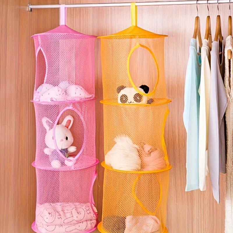 

1pc Colorful Three-layer Toy Hanging Basket, Multi-layer Folding Drying Hanging Mesh Bag, Suitable For Drying Toys, Household Storage And Organization For Balcony, Bedroom, Bathroom