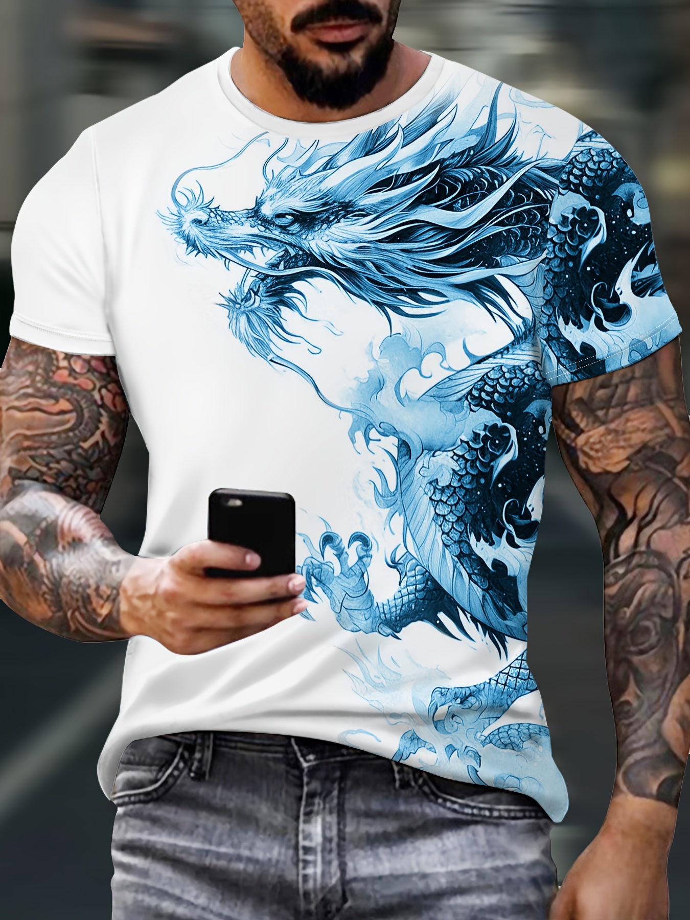 Men’s Dragon Print T-Shirt Street Style