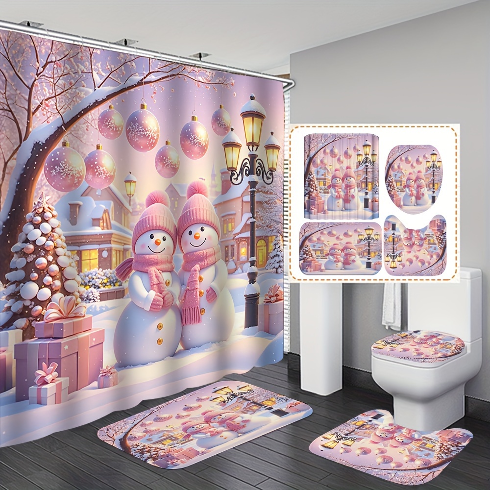 

Christmas Snowman Bathroom Curtain Set, 1pc/4pcs, 3d Printed Curtains , Rug, U-shaped Mat, Mat, Christmas Decoration