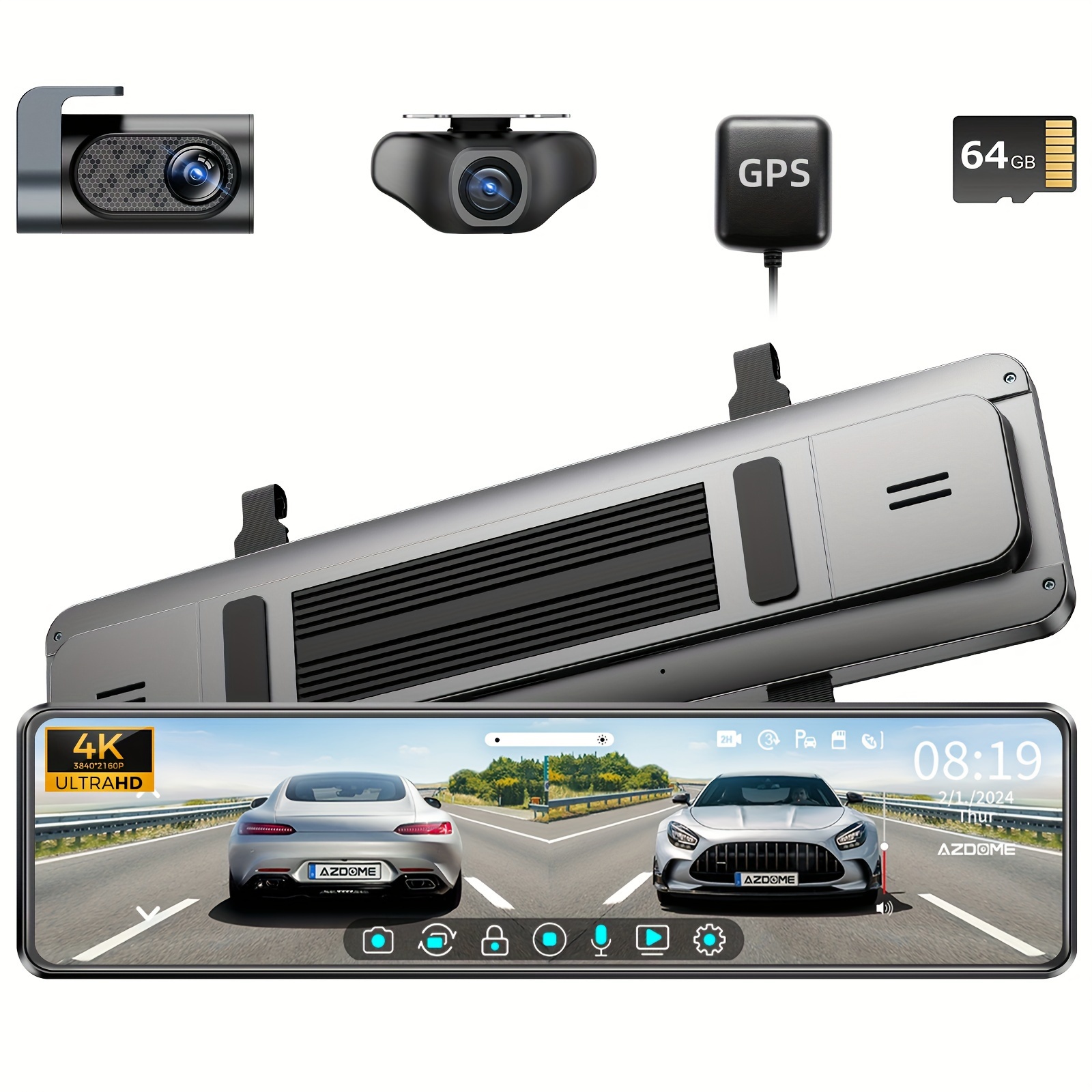 

4k 12" Ips Full Split Dual Dash Cam, Front 4k And Rear 1080p Dash Cam, Detached Front Camera, Rear View Mirror Camera, , 150° View Angle, Gps, Type-c, Fatigue Driving Lines, Simple Installation Azdome