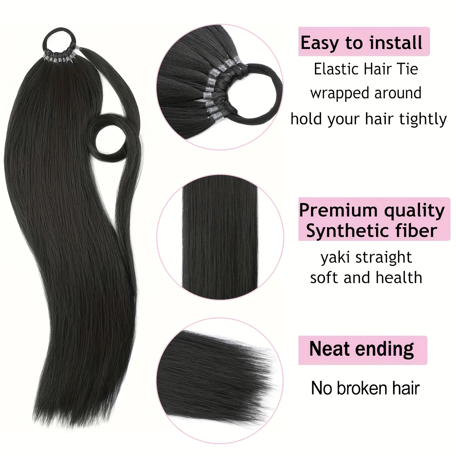 24 inch   straight braiding hair ponytail extension wrap around long straight ponytail with versatile elastic bands for women high temperature fiber   hair extension for women details 3