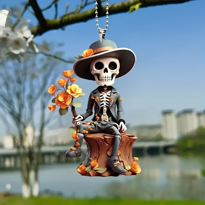 

1pc Skeleton Acrylic Hanging Ornament With Floral Decor, Pendant, Festive Home Decor Accessory - 2d Acrylic Material