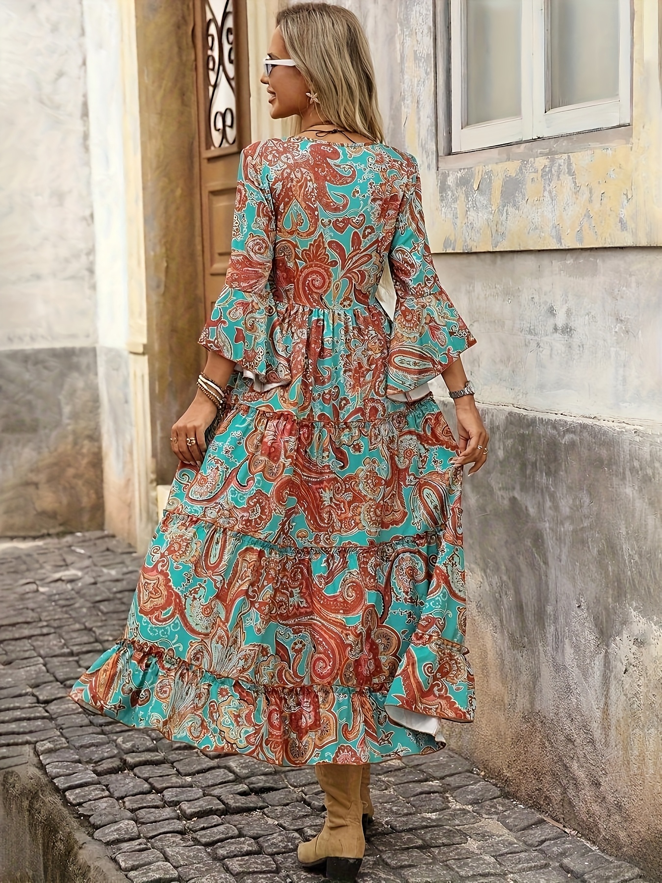 womens dress spring summer print v neck flared sleeve a line - Temu Oman