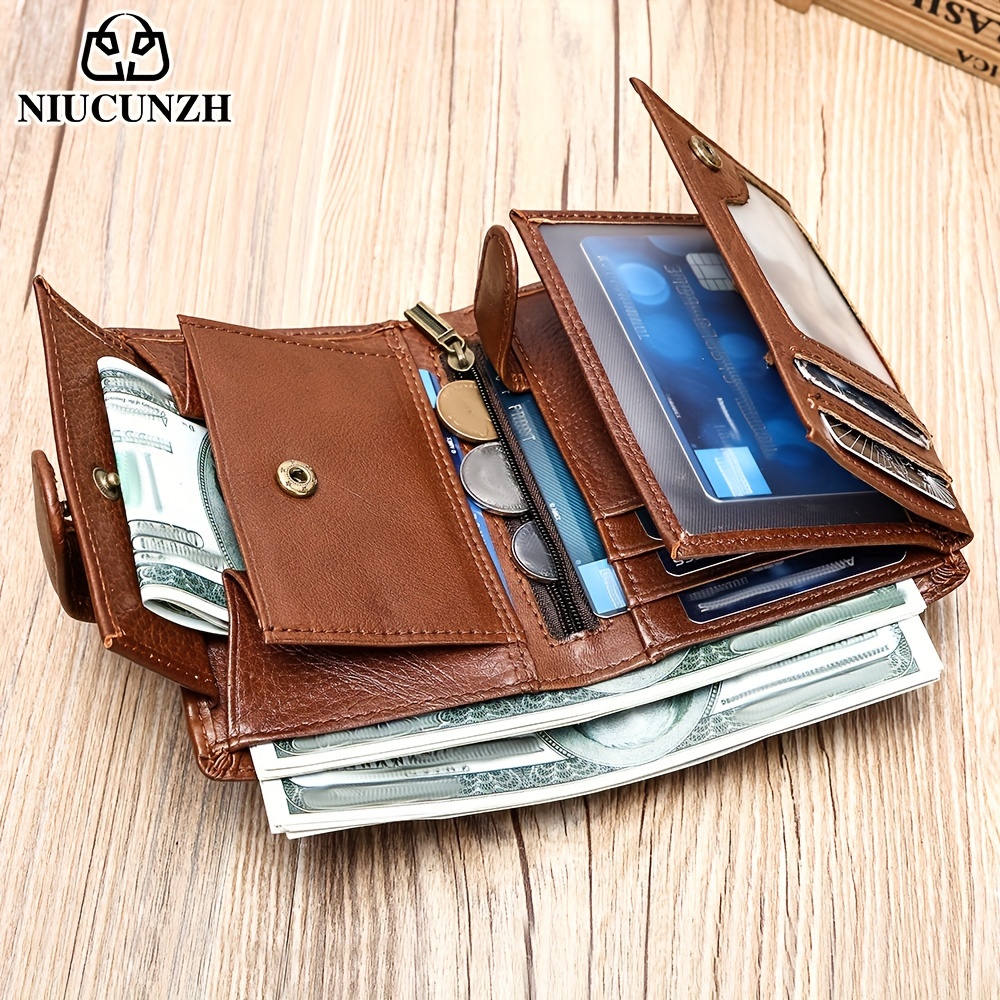 

Niucunzh Men's Genuine Top-grain Leather Wallet With Card Slots, Coin Pocket, And Anti-theft Brush Clip - ,