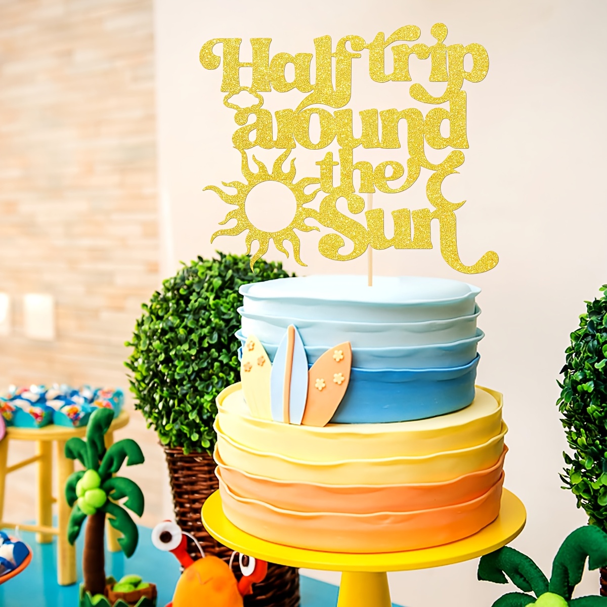 Golden Glitter Half Trip Around the Sun Cake Topper for Baby Showers