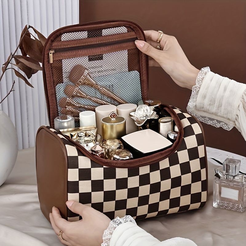 

Large Capacity Checkerboard Pattern Makeup Organizer Bag, Portable Cosmetic Brush Storage Bag, Suitable For Home Travel Makeup Storage And Organization
