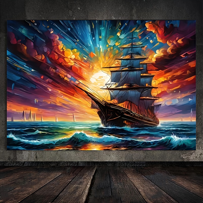 

Kit de peinture diamant 5D, scène de voilier au coucher de soleil sur l'océan, diamants acryliques ronds, kit de broderie au point de croix en mosaïque, décoration murale (70 cm x 50 cm)